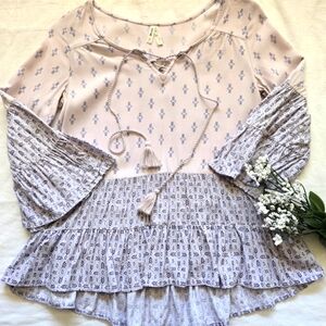 Mudd BOHO Vintage 3/4 Bell Sleeved Ruffled Pink and Purple Blouse Size XS